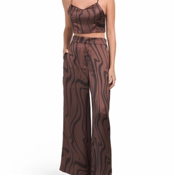 House of Harlow 1960 Pants - House Of Harlow 1960 Ànimal Print Black Brown Satin Wide Leg Pants